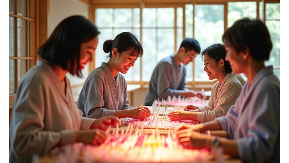 楽しそうに機織りワークショップに参加する人々の様子