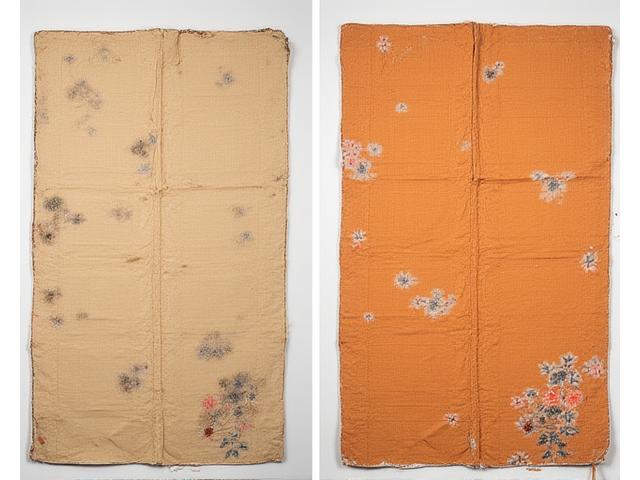 傷んだ着物生地の修復前と修復後の比較