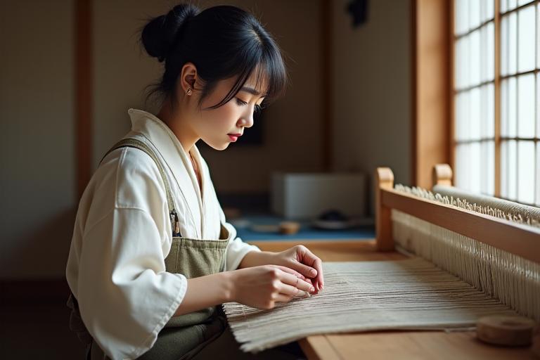 伝統的な手織り機で作業する日本の職人、Hana Weftの設立物語を象徴する